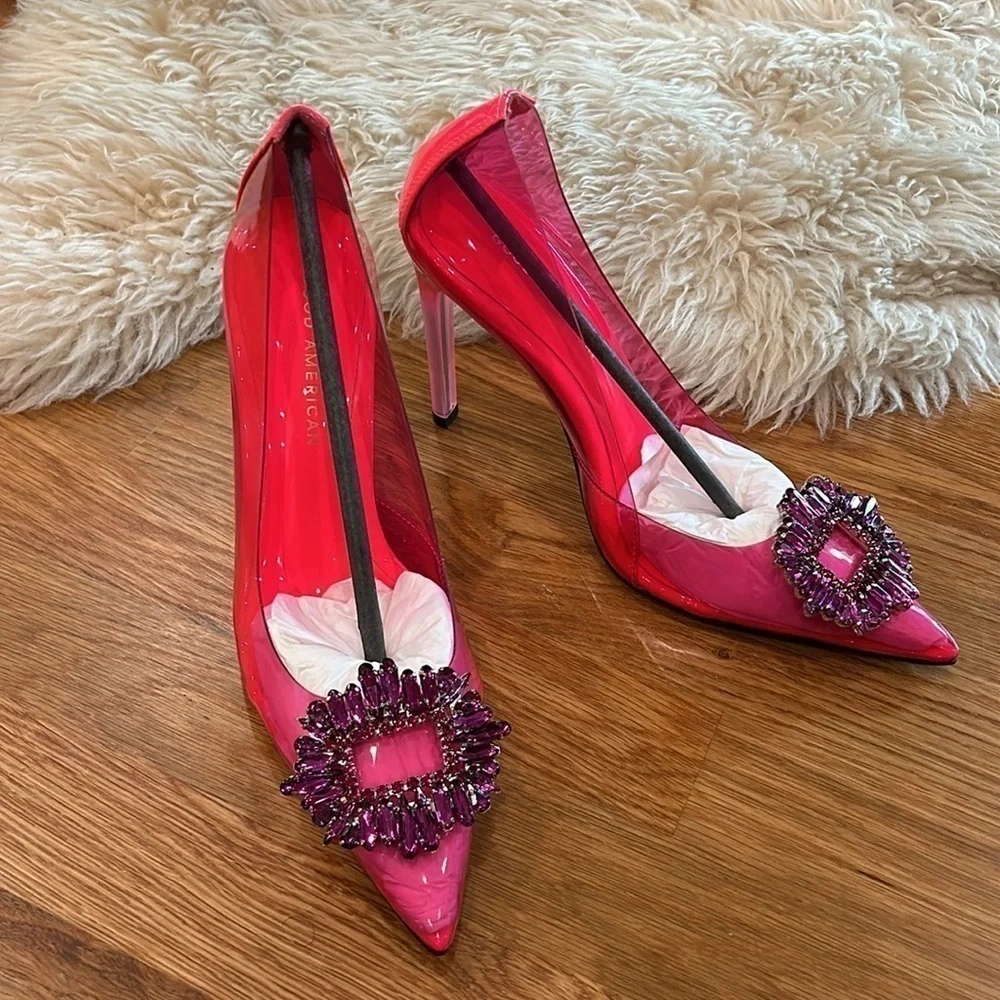 Good American Cinderella crystal pump hot pink stiletto heels size 8 new in box